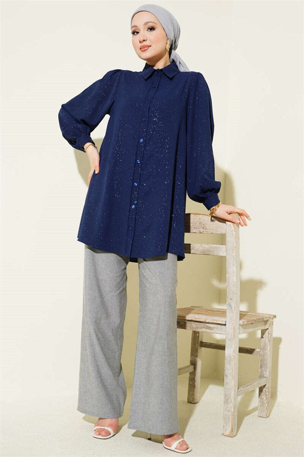 Glittery Balloon Sleeve Shirt Navy Blue