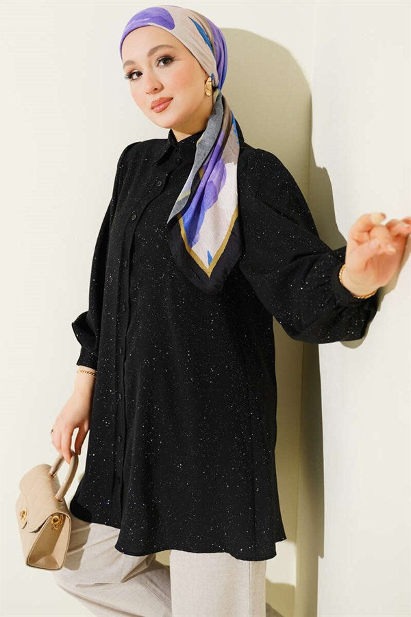 Glittery Balloon Sleeve Shirt Black