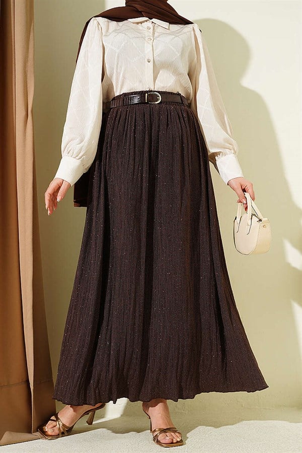 Glittery Belted Flared Skirt, Brown