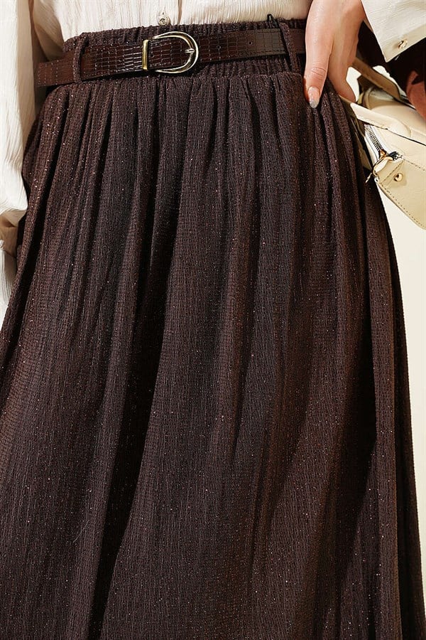 Glittery Belted Flared Skirt, Brown