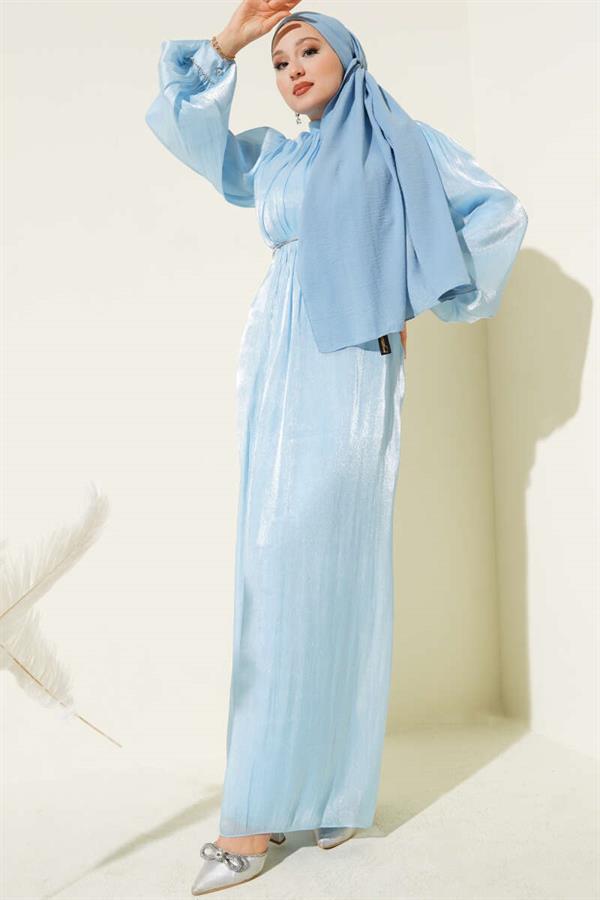 Beaded Balloon Sleeve Evening Dress Baby Blue
