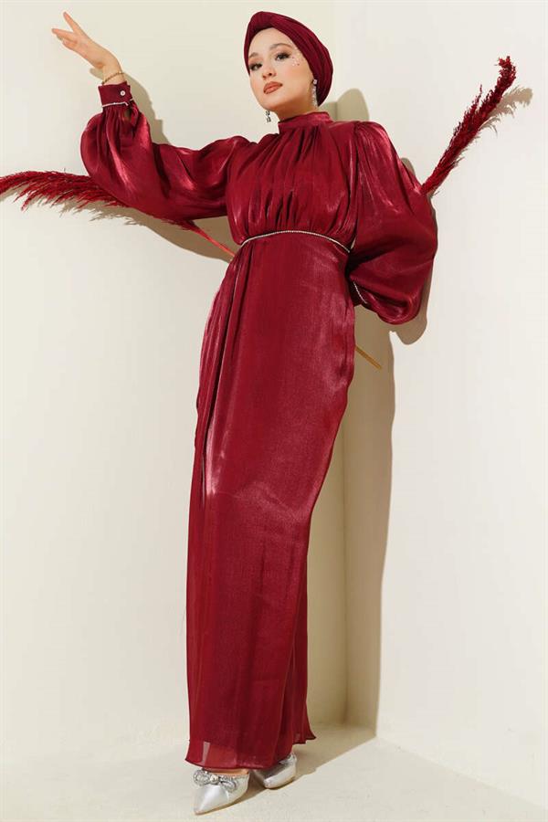 Stone-studded Balloon Sleeve Evening Dress Burgundy