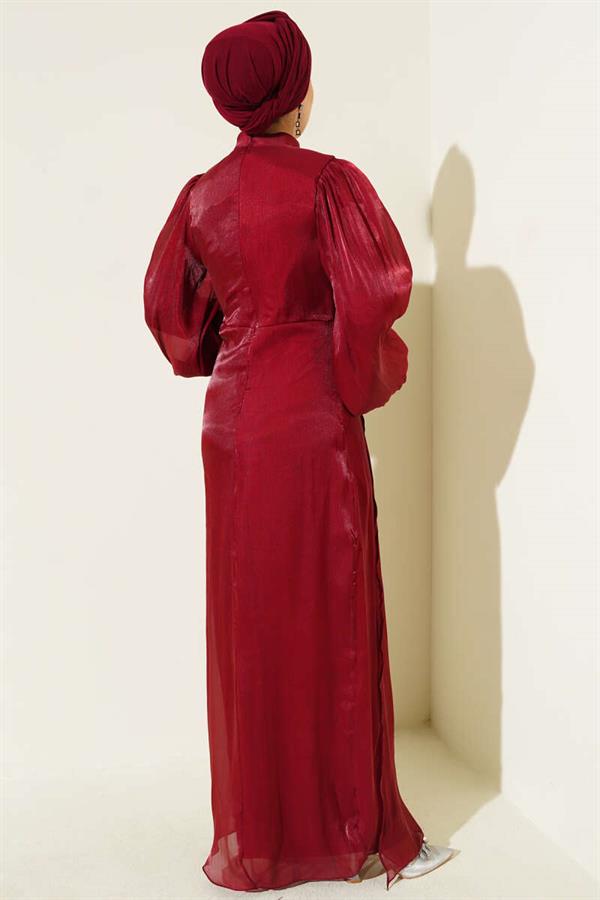 Stone-studded Balloon Sleeve Evening Dress Burgundy
