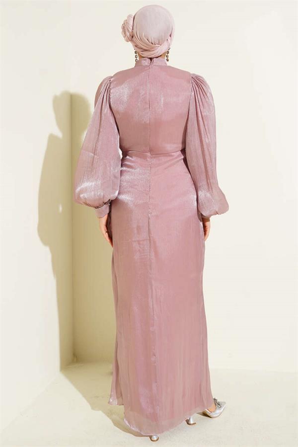 Stone-studded Balloon Sleeve Evening Dress in Dusty Rose