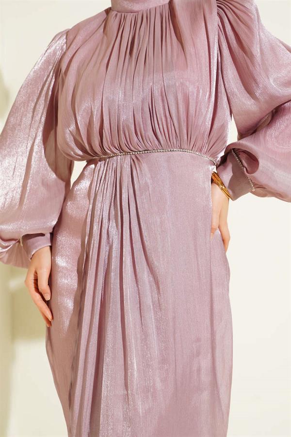 Stone-studded Balloon Sleeve Evening Dress in Dusty Rose