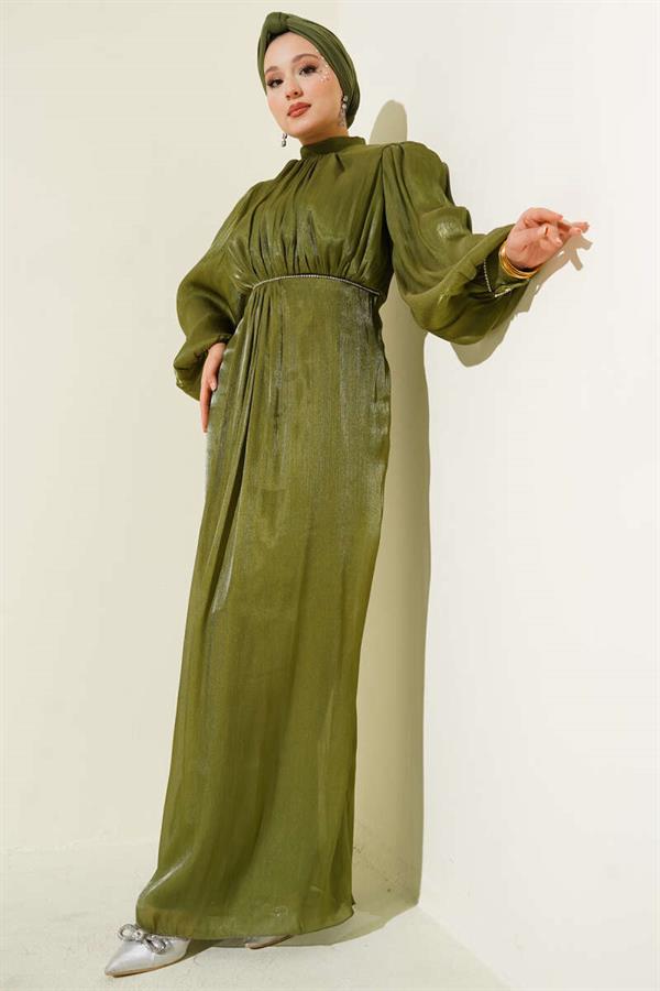 Stone-Stitched Balloon Sleeve Evening Dress Khaki