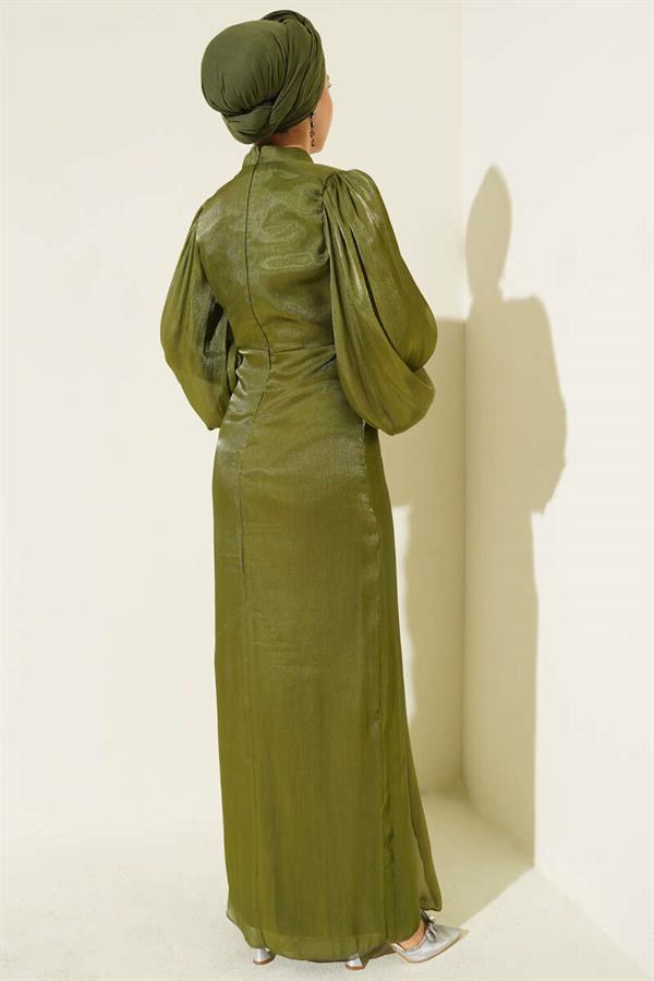 Stone-Stitched Balloon Sleeve Evening Dress Khaki