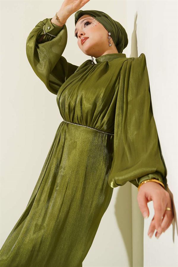 Stone-Stitched Balloon Sleeve Evening Dress Khaki