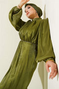 Stone-Stitched Balloon Sleeve Evening Dress Khaki