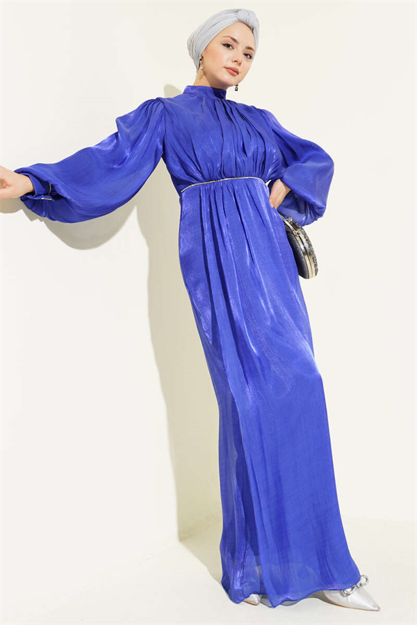 Row of Rhinestone Balloon Sleeve Evening Dress in Navy Blue
