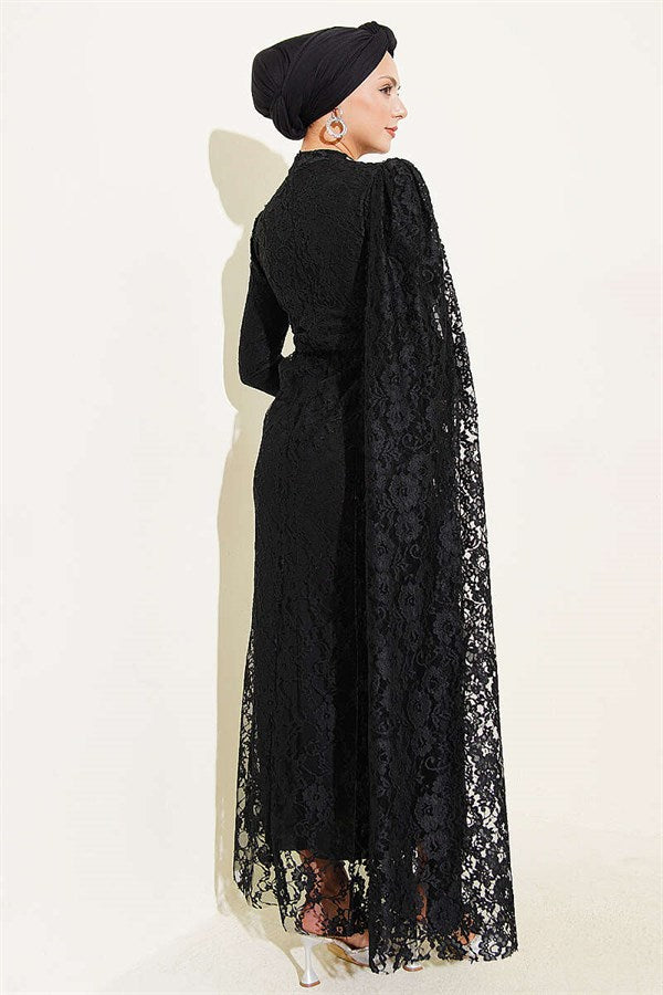 Black Evening Dress with Row of Stones, Lace, and Shoulder Cape