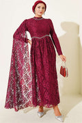 Burgundy Evening Dress with Row of Stones, Lace, and Shoulder Cape.