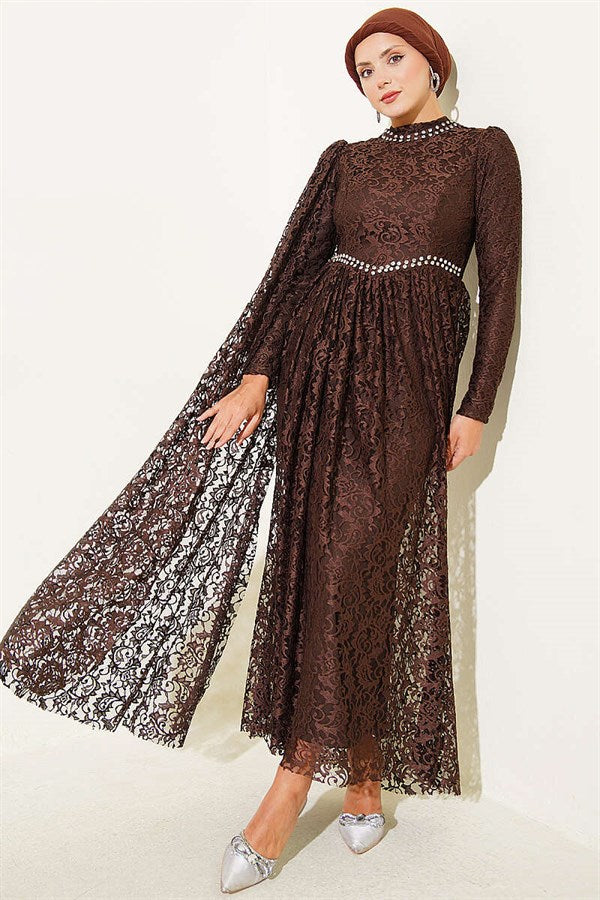 Row of Stone Embellished Lace Shoulder Cape Evening Dress in Brown