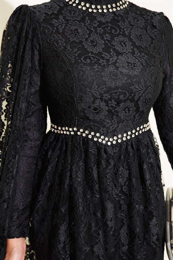 Black Evening Dress with Row of Stones, Lace, and Shoulder Cape