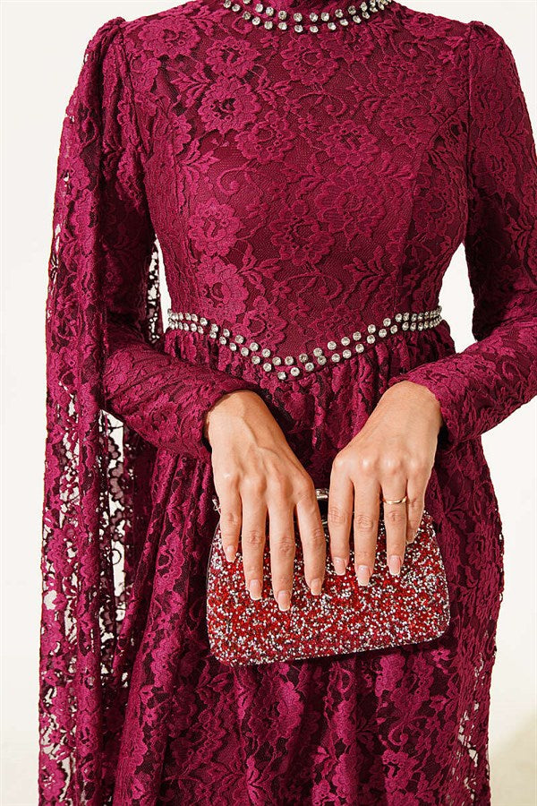 Burgundy Evening Dress with Row of Stones, Lace, and Shoulder Cape.