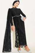 Black Evening Dress with Row of Stones, Lace, and Shoulder Cape