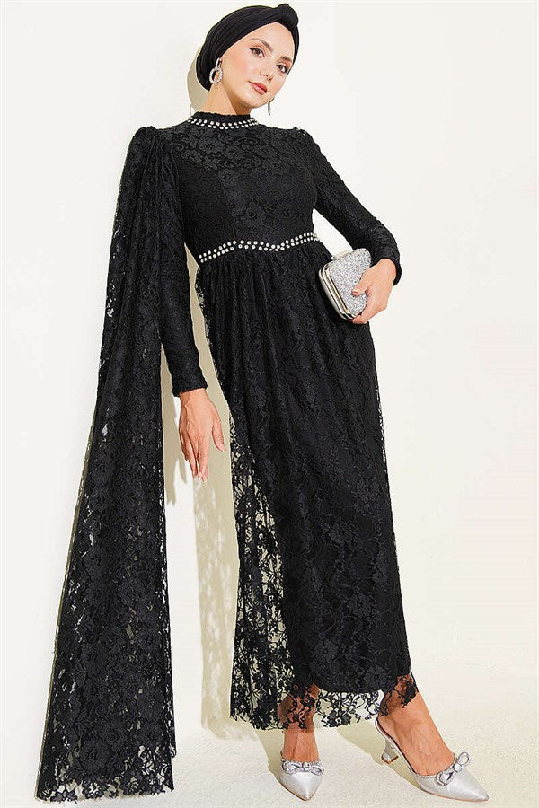Black Evening Dress with Row of Stones, Lace, and Shoulder Cape