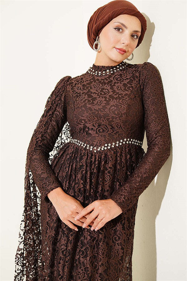 Row of Stone Embellished Lace Shoulder Cape Evening Dress in Brown