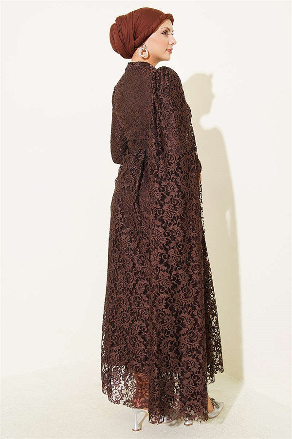 Row of Stone Embellished Lace Shoulder Cape Evening Dress in Brown