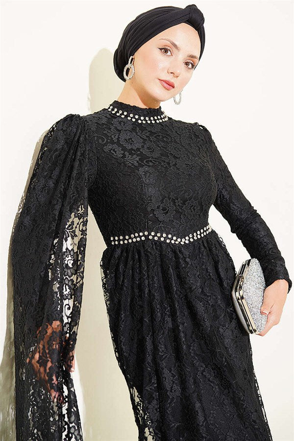Black Evening Dress with Row of Stones, Lace, and Shoulder Cape