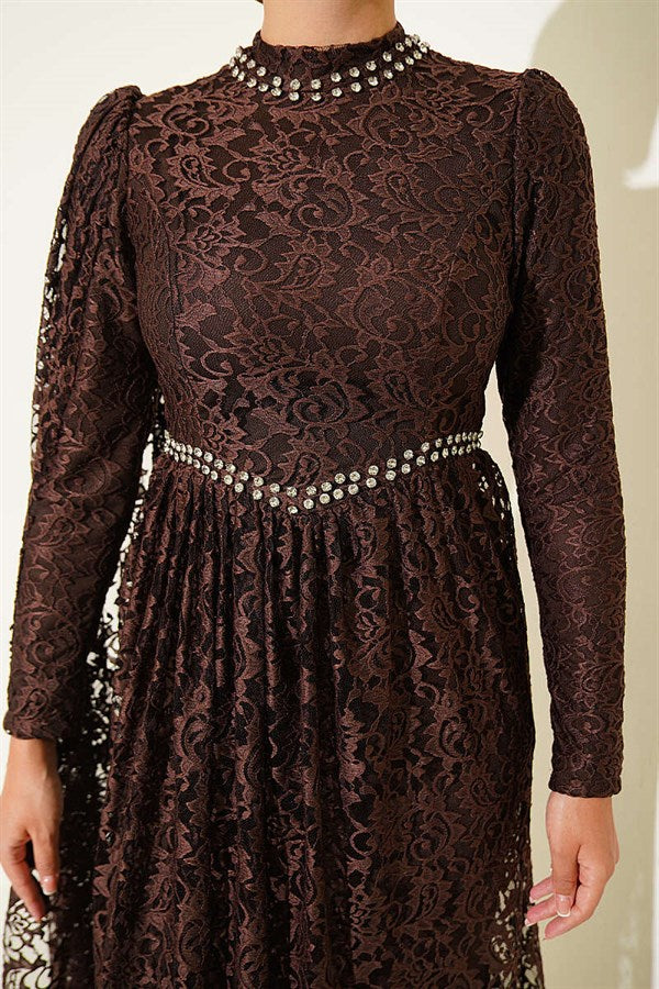 Row of Stone Embellished Lace Shoulder Cape Evening Dress in Brown