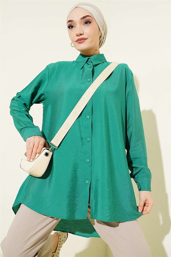 Back Pleated Basic Loose Shirt Green