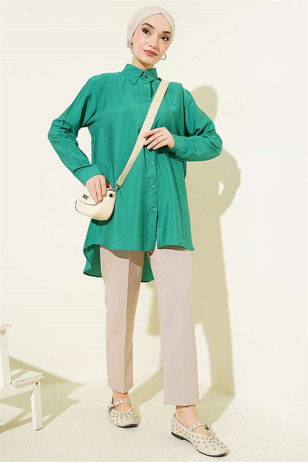 Back Pleated Basic Loose Shirt Green