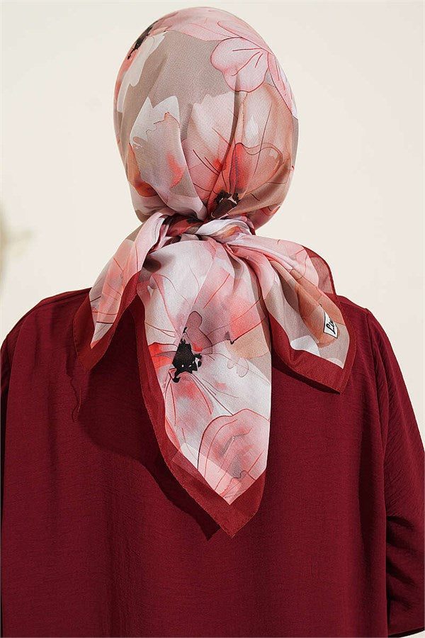 Soft Floral Pattern Scarf, Burgundy and Beige