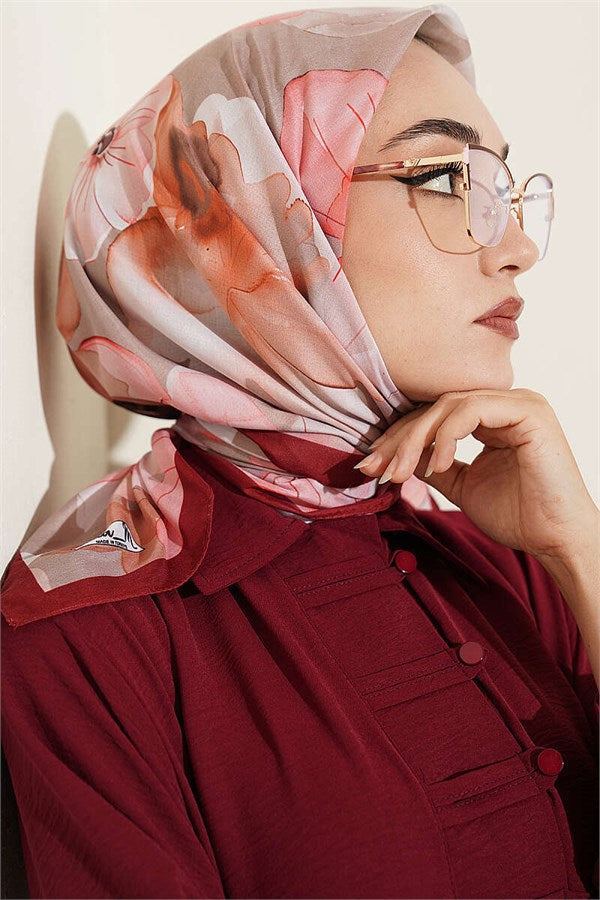 Soft Floral Pattern Scarf, Burgundy and Beige