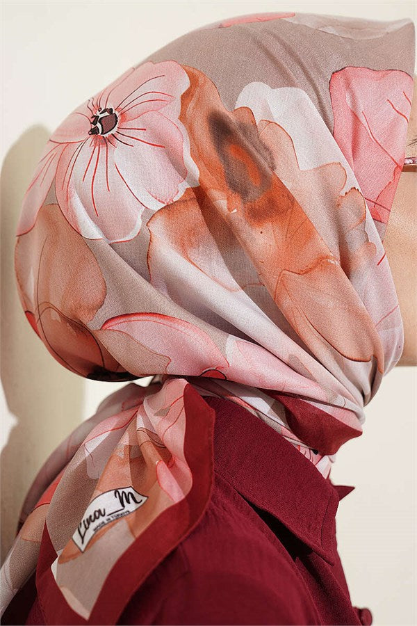 Soft Floral Pattern Scarf, Burgundy and Beige