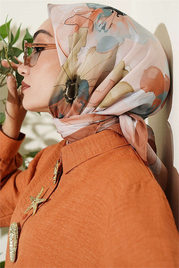 Soft Floral Pattern Scarf Camel
