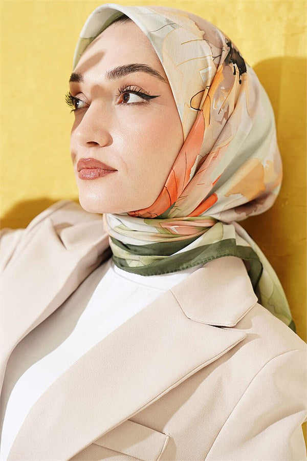 Soft Floral Patterned Scarf, Khaki