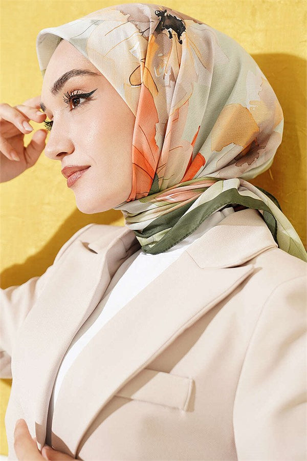 Soft Floral Patterned Scarf, Khaki