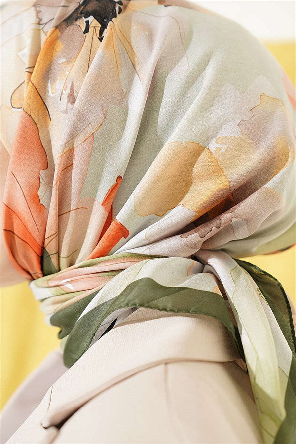 Soft Floral Patterned Scarf, Khaki
