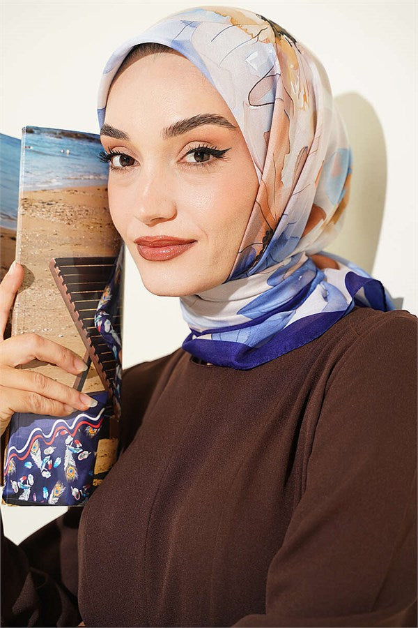 Soft Floral Pattern Scarf, Navy Blue