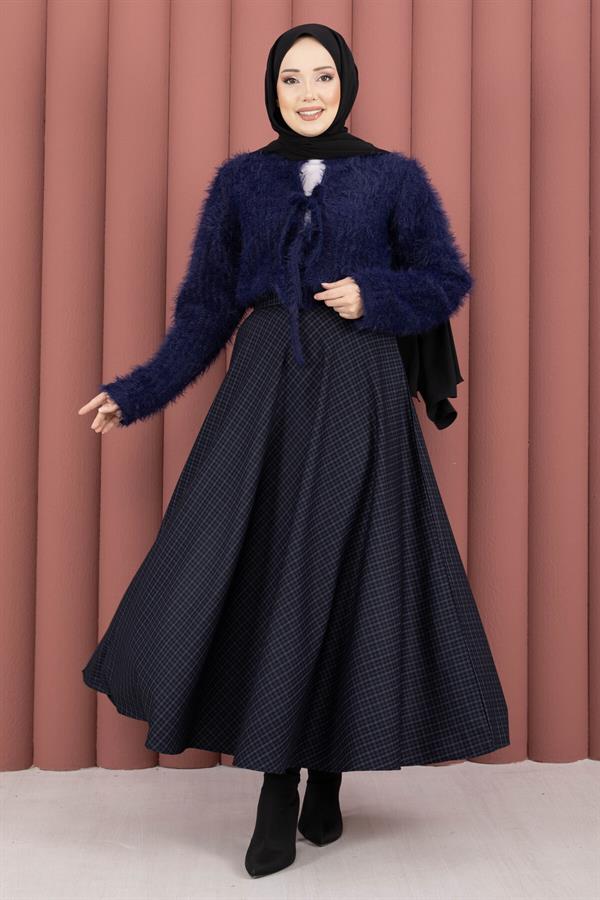 Soft Gingham Patterned Skirt Indigo