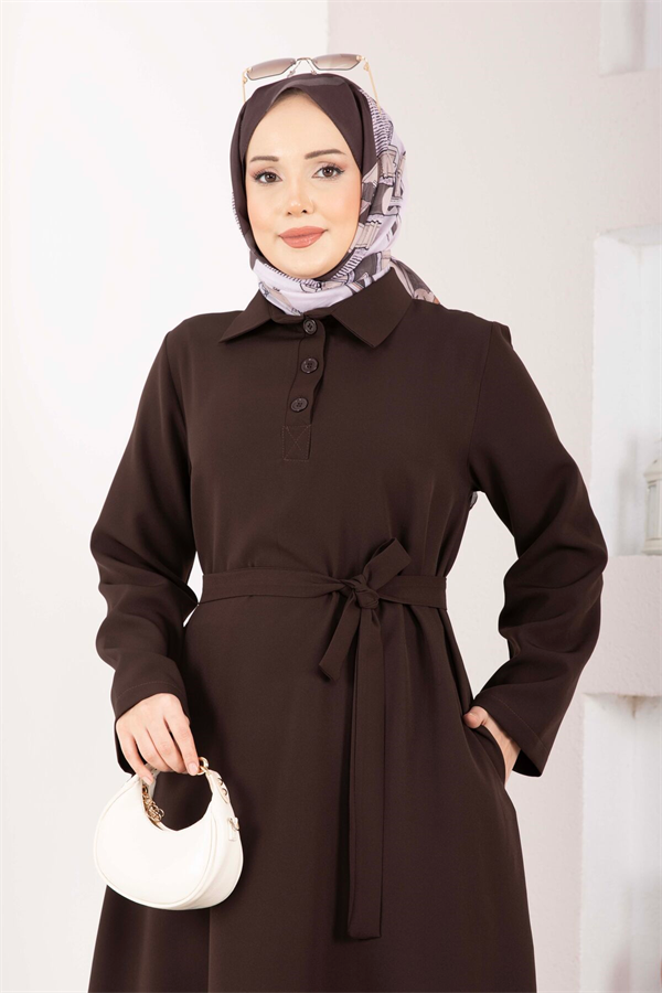 Softline Half-Button Belted Hijab Dress in Brown