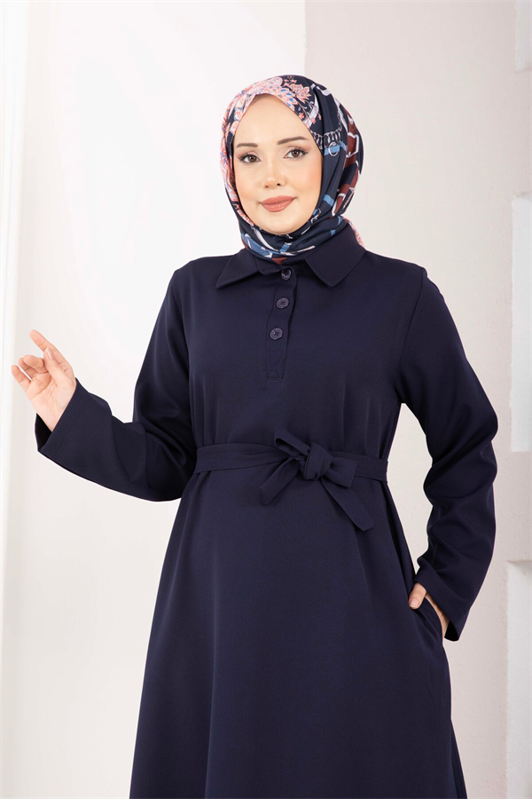 Softline Half-Button Belted Hijab Dress Navy Blue