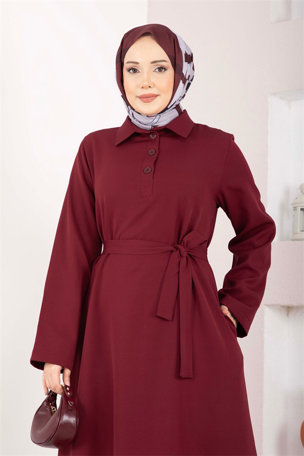 Softline Half-Button Belted Hijab Dress Burgundy