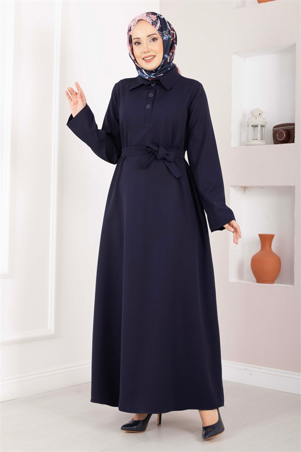Softline Half-Button Belted Hijab Dress Navy Blue