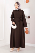 Softline Half-Button Belted Hijab Dress in Brown