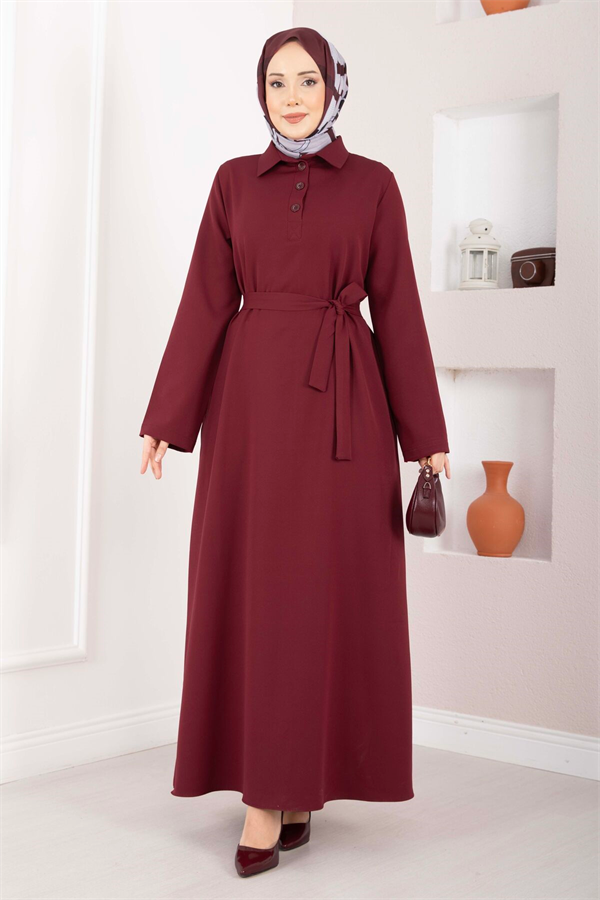 Softline Half-Button Belted Hijab Dress Burgundy