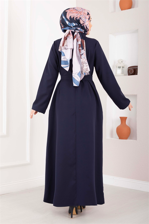 Softline Half-Button Belted Hijab Dress Navy Blue