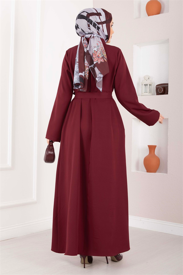 Softline Half-Button Belted Hijab Dress Burgundy