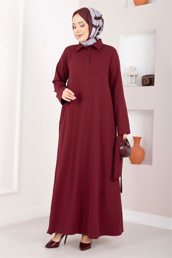 Softline Half-Button Belted Hijab Dress Burgundy