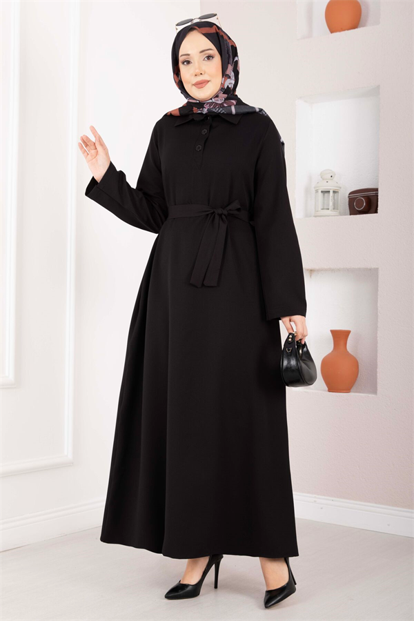 Softline Half-Button Belted Hijab Dress Black