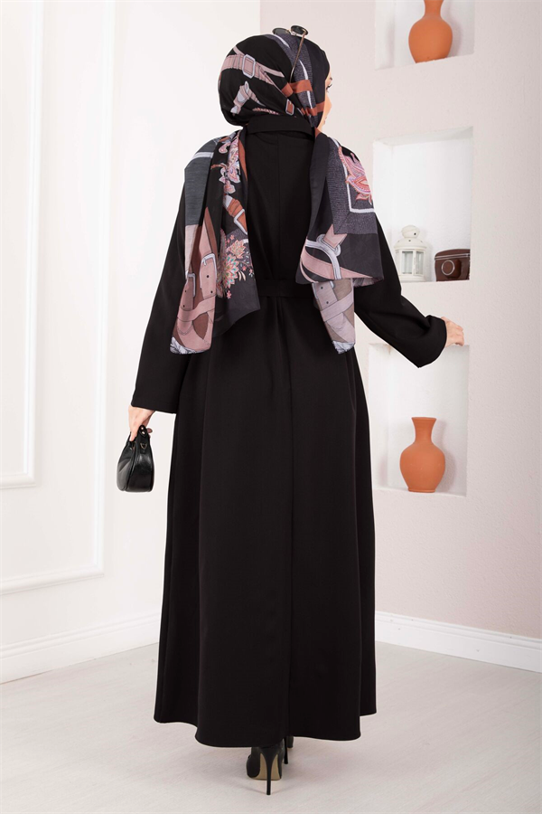 Softline Half-Button Belted Hijab Dress Black