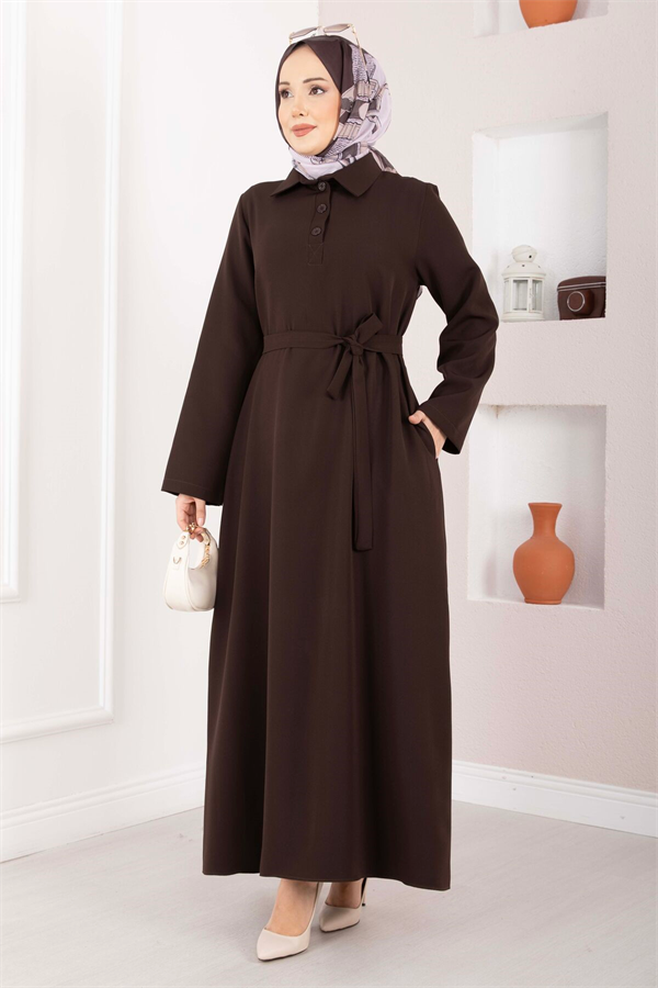 Softline Half-Button Belted Hijab Dress in Brown