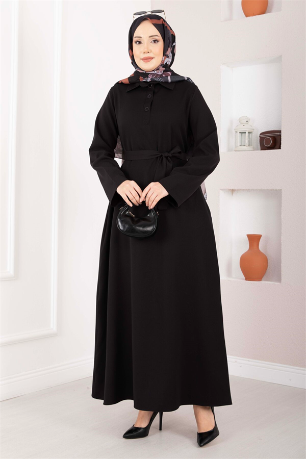Softline Half-Button Belted Hijab Dress Black