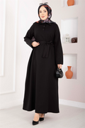 Softline Half-Button Belted Hijab Dress Black